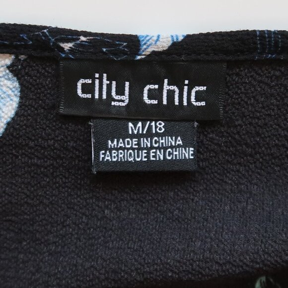 City Chic Ginza Black Blue White Floral V-neck Tie Elastic Waist 3/4 Sleeve 18 - Picture 7 of 10